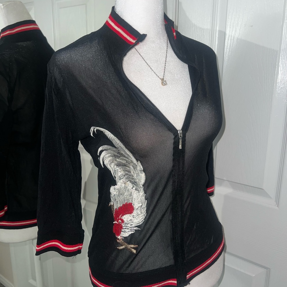 Vintage Asian Sheer Mesh Embroidered Squirrel Zip Cardigan
